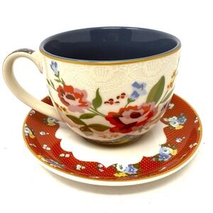 Disaster Designs Floral Teacup Saucer Set Blue Navy Red Yellow Cottage Western